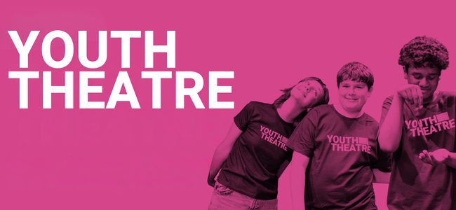 Bright pink background, white text in left corner reads "Youth Theatre" with a photo of children on the right smiling and posed in Chipping Norton Theatre Youth Theatre tshirts