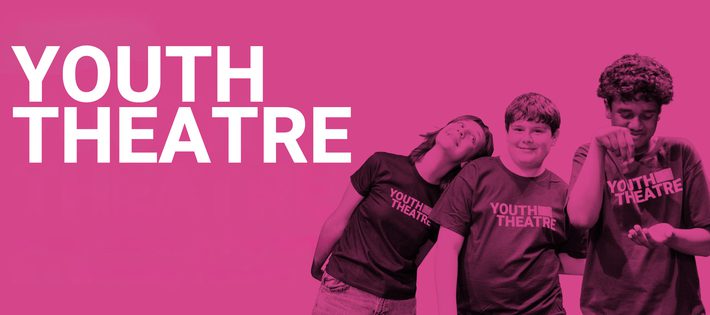 Bright pink background, white text in left corner reads "Youth Theatre" with a photo of children on the right smiling and posed in Chipping Norton Theatre Youth Theatre tshirts