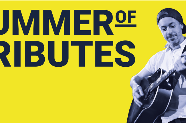 Reads "Summer of Tributes" a man wearing a cap backwards plays an acoustic guitar. He wears a white short sleeved shirt and had a moustache