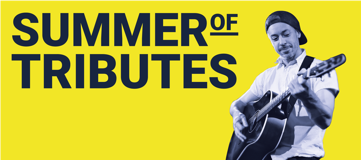 Reads "Summer of Tributes" a man wearing a cap backwards plays an acoustic guitar. He wears a white short sleeved shirt and had a moustache