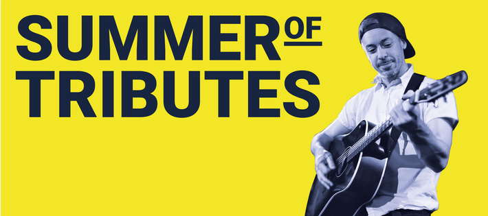 Reads "Summer of Tributes" a man wearing a cap backwards plays an acoustic guitar. He wears a white short sleeved shirt and had a moustache