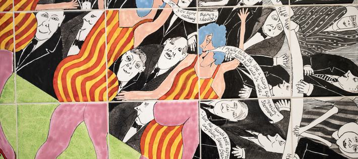 hotograph of an offset tile moasiac of pantomime mosaic