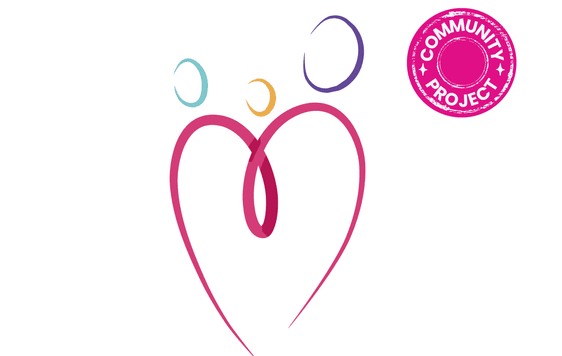 A pink ribbon heart and ribbon circles with community project badge