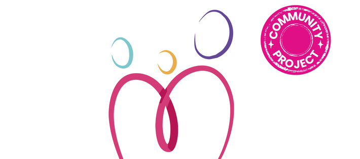 A pink ribbon heart and ribbon circles with community project badge