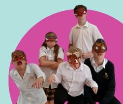 A group of school students wearing different masks and adjusting their body language to fit the attitude of the mask.