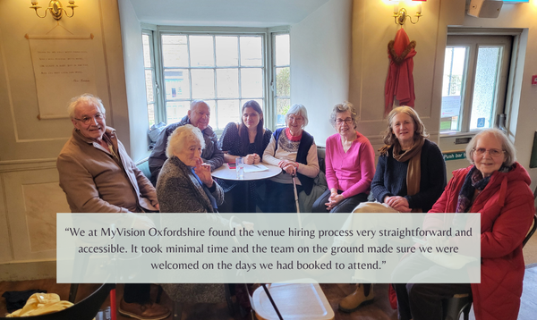 My Vision oxford group meeting in the bar, alongside a quote from a hirer