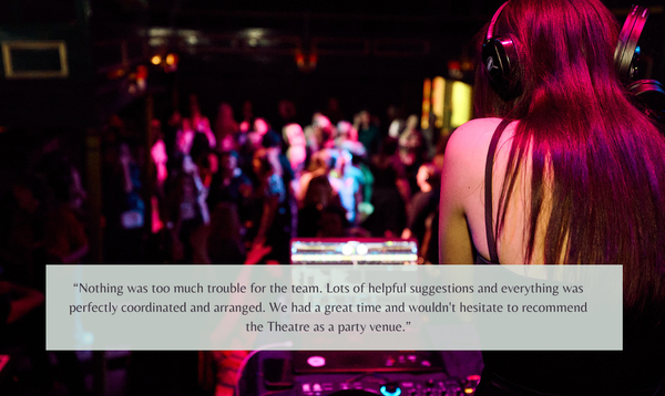 The Auditorium silent disco event, alongside a quote from a hirer