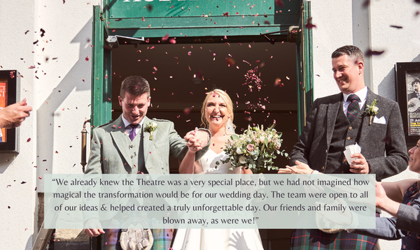 Couple exiting the Auditorium with a confetti throw, alongside a written quote from the couple